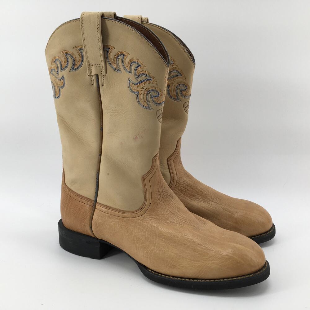 Ariat Mens 10.5 Beige Tan Leather Western Boots Blue Embroidered Round Toe 35421